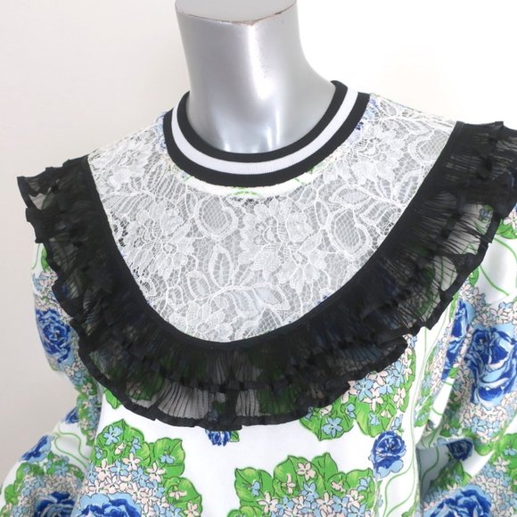 RODARTE RUFFLED LACE YOKE SWEATSHIRT WHITE/BLUE FLORAL PRINT SIZE EXTRA SMALL - Picture 2 of 10